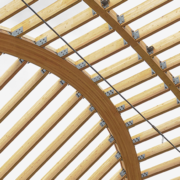CEILING STRUCTURE COMPRISED OF CURVED AND STRAIGHT GLU-LAM BEAMS INTERSECTION EACH OTHER
